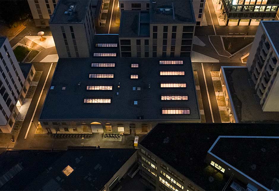 Rooflight solution at night, Aeschbach Hall Aarau