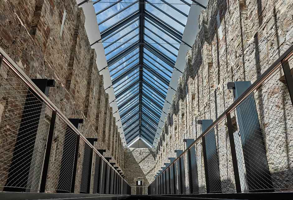 Close up image of VELUX Glazing Panels dual pitched rooflight solution at Bodmin Jail Hotel.