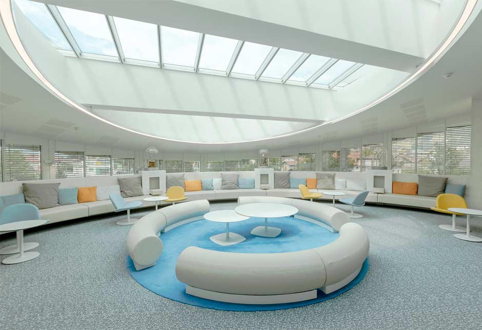 Interior view, lightwell with modular skylights, Somfy Lighthouse experience centre, France