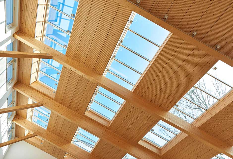 Przeszklenie dachu składające się z modułów pasmo świetlne 5–30°, stołówka uniwersytetu Salus, widok na dach, Niemcy