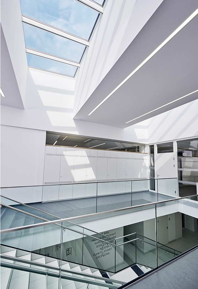 Skylight solution with Longlight 5°-30°, in corridor at new school building Ebensee, Austria