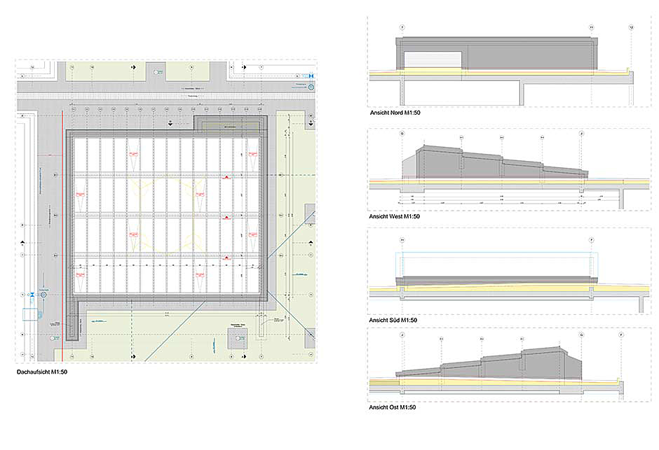 Architekturzeichnungen Grundschule Schongau - Auf- und Ansicht des aufgesetzten Lichtdachs mit 56 Stufen-Lichtband-Modulen